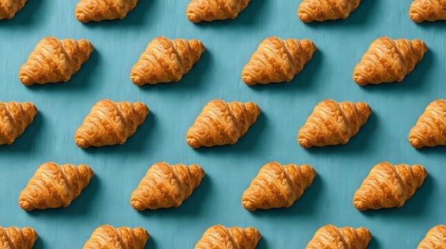Freshly baked croissants arranged in repeating rows on a bright