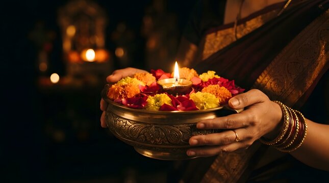 Woman holding a traditional brass bowl with flowers and a lit diya lamp for diwali