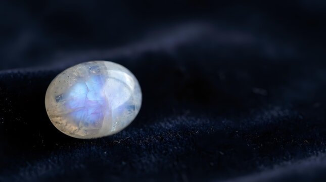 Moonstone gemstone with blue adularescence effect on dark fabric