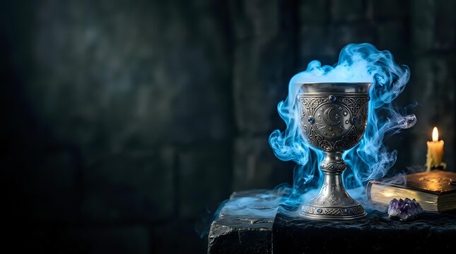 Ornate silver goblet with mystical blue smoke on stone table beside