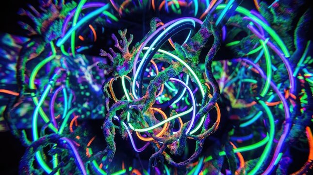 Abstract neon light installation with glowing coral and organic shapes