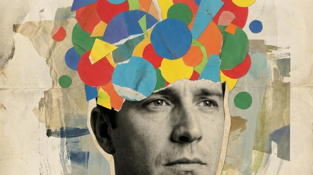 Abstract paper collage of man with colorful brain explosion