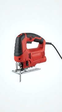Red and black electric jigsaw with power cord on white background
