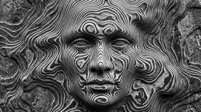 Abstract stone relief of human face with topographic patterns