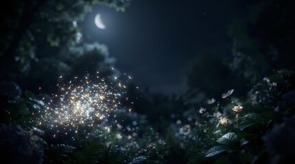 Fototapeta premium Magical glowing particles burst from forest foliage under moonlight