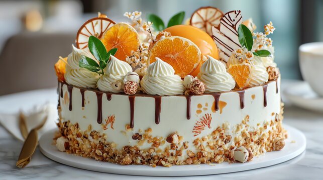 Delicious decorated orange cake on a table.