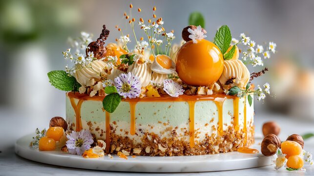 Delicious cake topped with fruits and flowers.