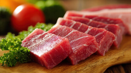Fototapeta premium Thinly Sliced Raw Pink Meat Pieces, Fresh Uncooked Meat Texture and Food Ingredient Close-Up