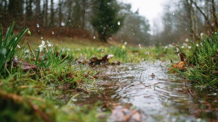 Fototapeta premium Raindrops fall on grass near the water with snowdrop flowers in nature. It shows a peaceful, natural scene with a spring weather theme.