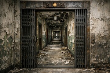 Fototapeta premium Abandoned prison cell with an open door and stone walls