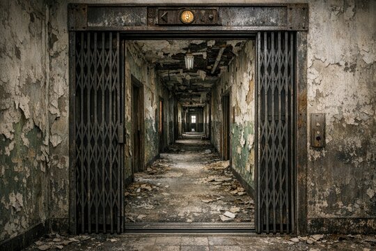 Abandoned prison cell with an open door and stone walls
