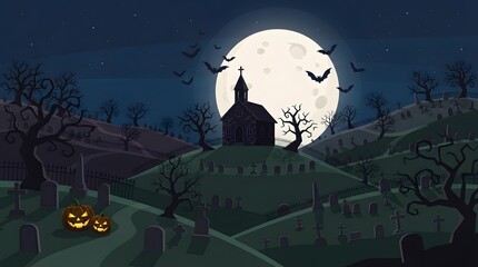 Fototapeta premium Spooky halloween night scene with a haunted castle silhouetted against a bright full moon and dark graveyard