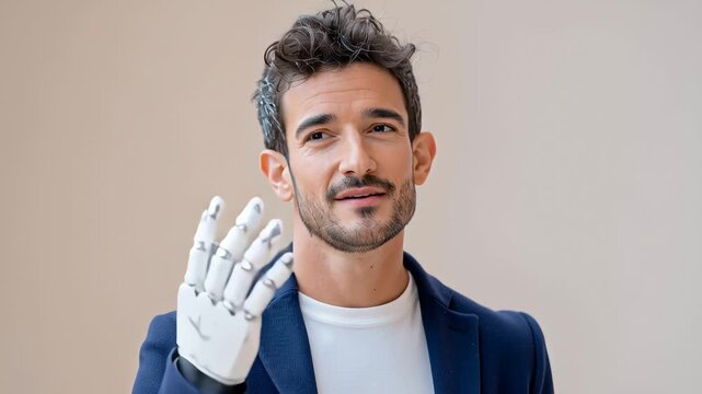 Man with a robotic hand showcasing advanced technology and human integration