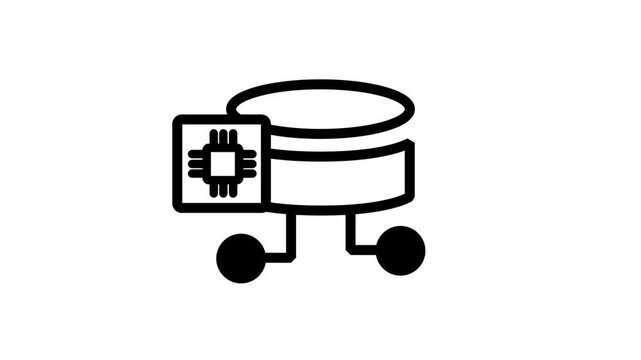 Smart Database Server with Microchip Motion icon. Animated icon of database storage disks with attached microchip representing smart data management secure server technology and processing.