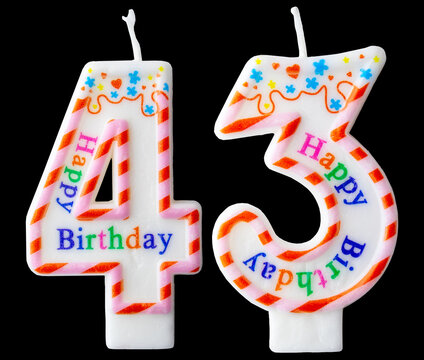 Number forty three shaped birthday candle with colorful sprinkles and Happy Birthday text isolated on a black background