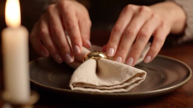 Woman arranging a folded cloth napkin with a gold ring on a plate beside a candle, demonstrating elegant table setting for a formal dinner