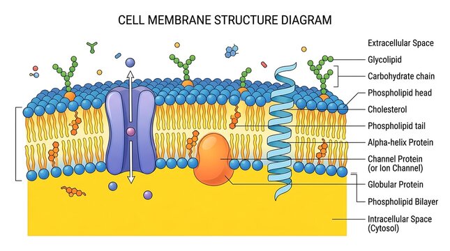 3D rendered microscopic cross-section of cell membrane showing phospholipid