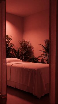 Serene room with bed and lush plants, bathed in warm red light. Use: spa advertisement, meditation room, wellness brochure.