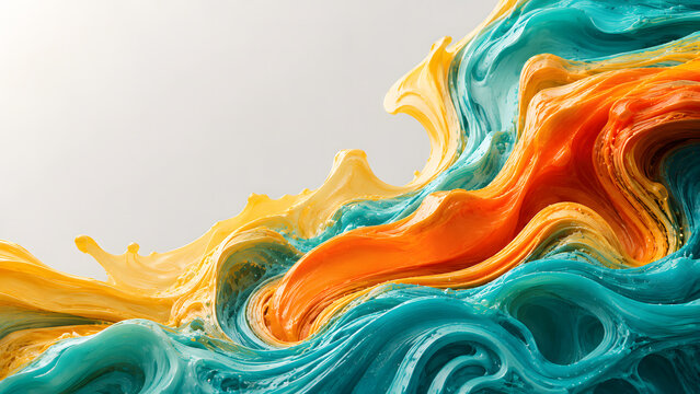 Close-up abstract background of thick textured fluid paint waves with vibrant teal yellow and orange colors blending together