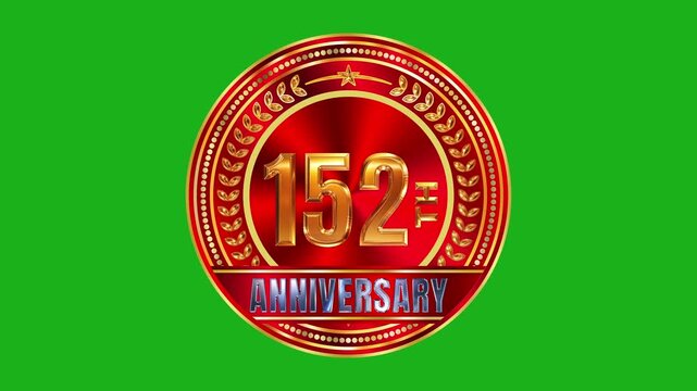 Classic 152nd anniversary celebration emblem with gold metallic frame and vibrant red radial glow lighting in 4k video