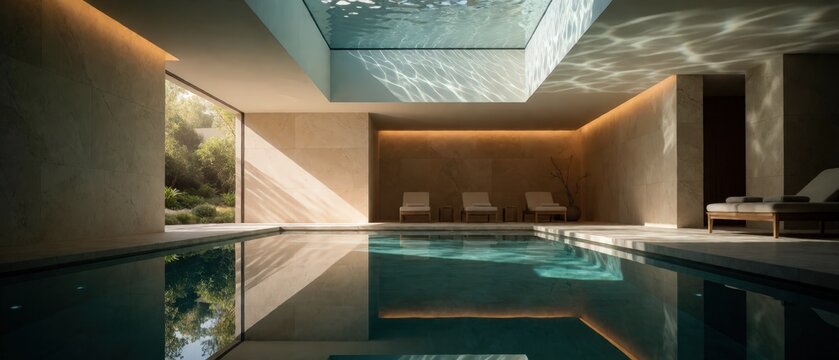 Luxurious indoor swimming pool with natural light filtering through skylight, surrounded by lounge chairs and plants. Use: spa advertisement, resor...