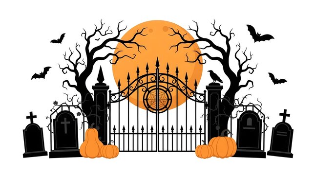 A spooky halloween graveyard gate stands open beneath a bright full moon with silhouetted trees and flying bats illustration