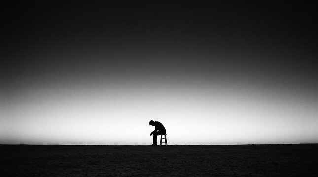 A lone figure sits hunched on a stool in a vast, empty, and desolate landscape under a gradient sky, conveying deep solitude and melancholy.