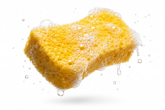 Bright yellow porous cleaning sponge covered with soap foam and water droplets, isolated on white background