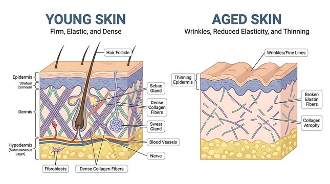 Detailed comparison of young versus aged human skin cross-section anatomy