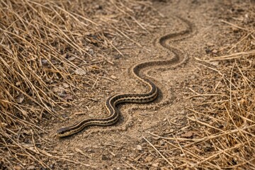 Fototapeta premium A snake lies motionless on the grassy terrain
