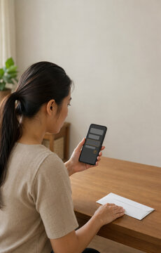 Woman holding light meter beside table with envelope