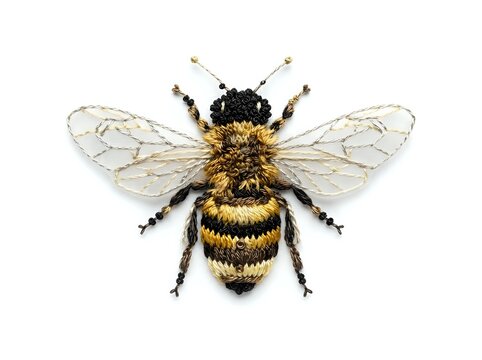 Embroidered bee with textured stitching and beaded details on white