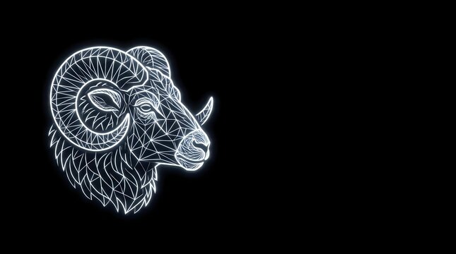 Detailed ram head with curved horns and intricate line work rendered