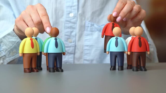 A businesswoman transfers employees between two teams. Allocation of workers for a new project. Corporate culture and teamwork communication. Business networking and cooperation