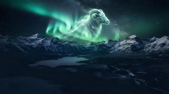 Arctic wolf spirit materializes in luminous green aurora borealis