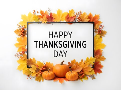 Happy thanksgiving day greeting with autumn leaves and pumpkins on a white background