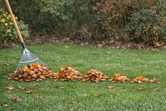 A pile of leaves and a rake on a well-manicured lawn, perfect for yard work or fall decorations