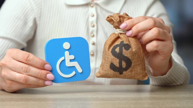Symbol of a person with a disability and a dollar money bag. Budget line item for supporting vulnerable groups. Cash benefits and social payments.