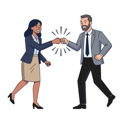 Obraz premium Two colleagues fist bumping after successful in person pitch, business success blogs, Return To Office