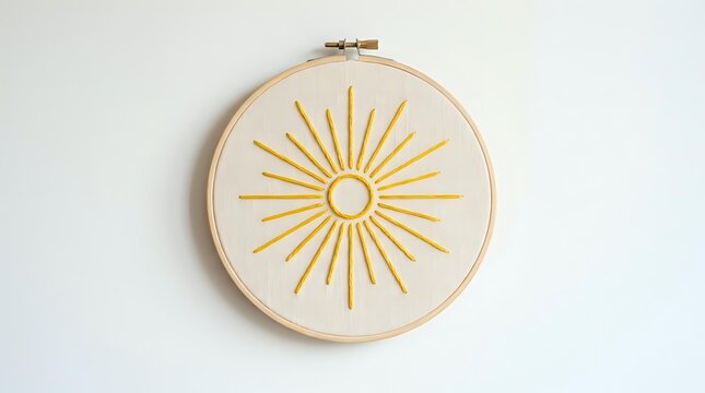 Embroidered sun motif in golden thread on cream fabric stretched
