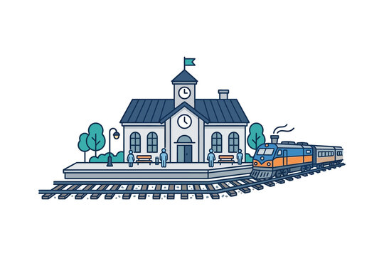 Trpngn Station and Locomotive Vector Illustration