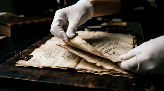Archivist wearing white gloves carefully turning pages of an ancient antique manuscript