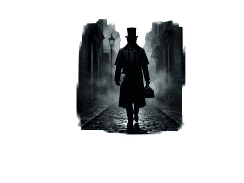 Jack the Ripper Victorian Foggy Alley Silhouette Sticker. True Crime Historical Mystery Icon Isolated.