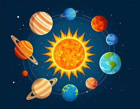 Solar system with planets and asteroids in space.