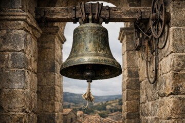 Fototapeta premium A historic stone building with a bell hanging from its side, perfect for old town or cityscape illustrations