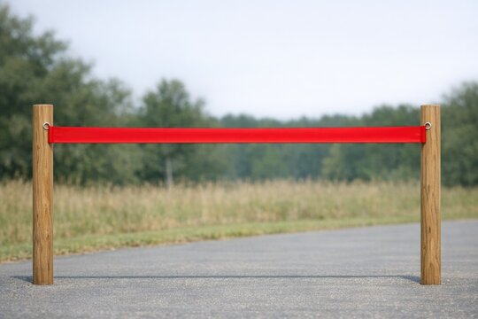 A skateboard leaning against a red barricade with a street or urban scene in the background