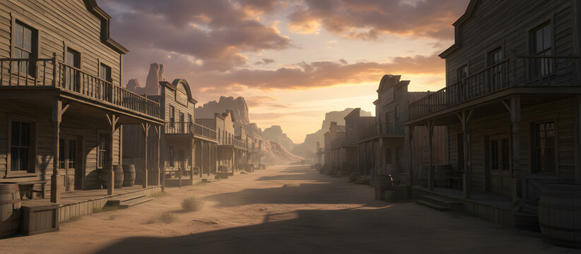 Photorealistic old western town street scene with wooden saloon buildings