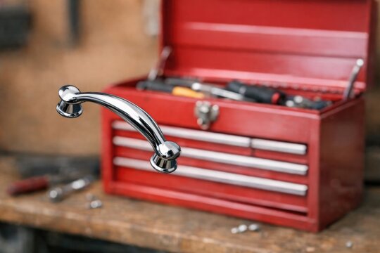 A red tool box sits on top of a wooden table, ready for use