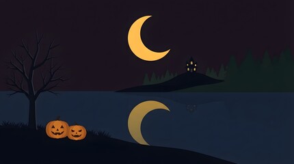 Fototapeta premium A spooky halloween night features glowing crescent moons and intricately carved pumpkins set within a mysterious dark landscape