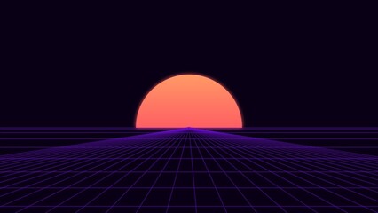 Retro Neon Sunset Horizon on Dark Background © Pro Designer
